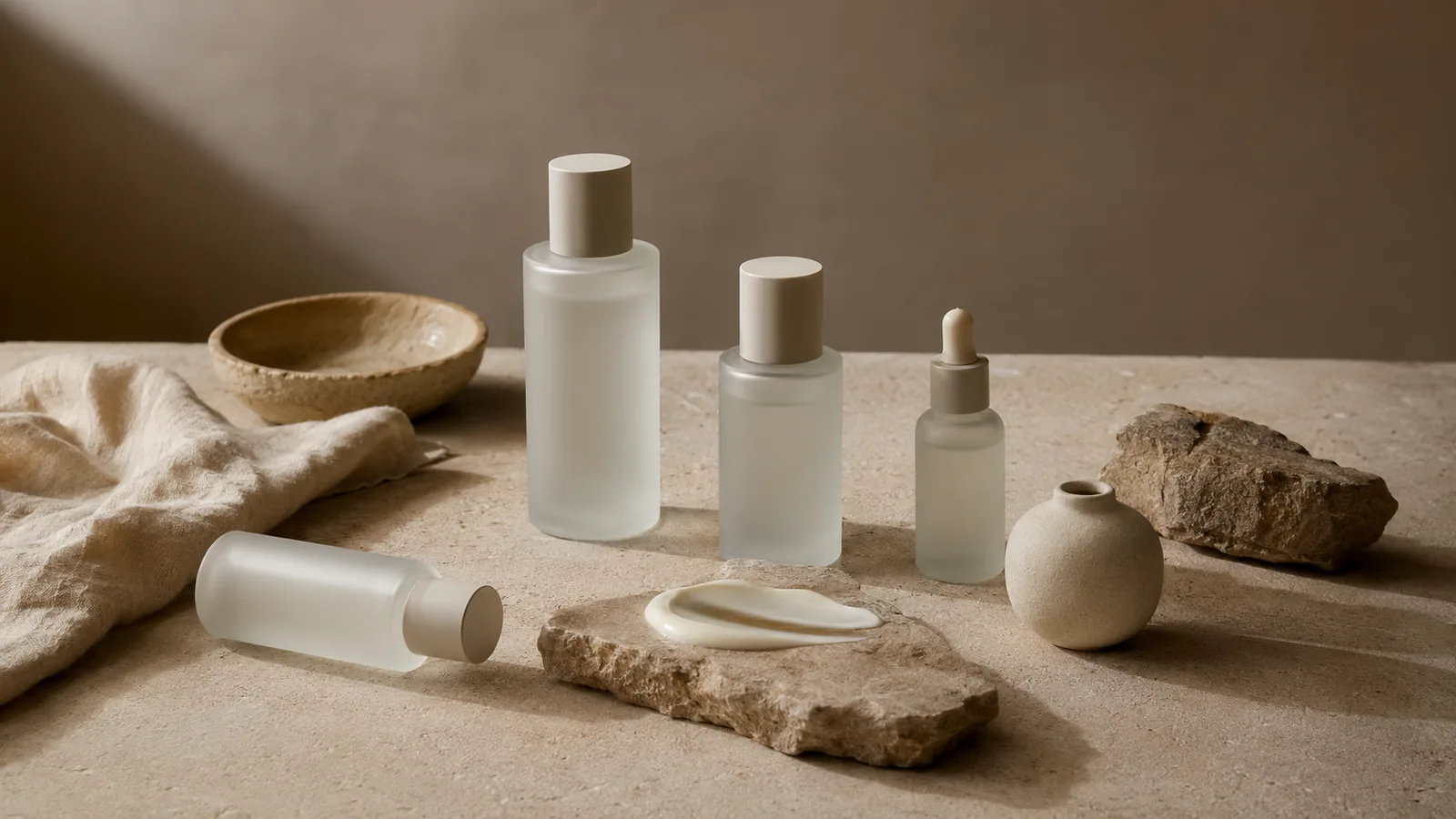Row of unlabelled frosted glass Méra bottles on a pale stone surface