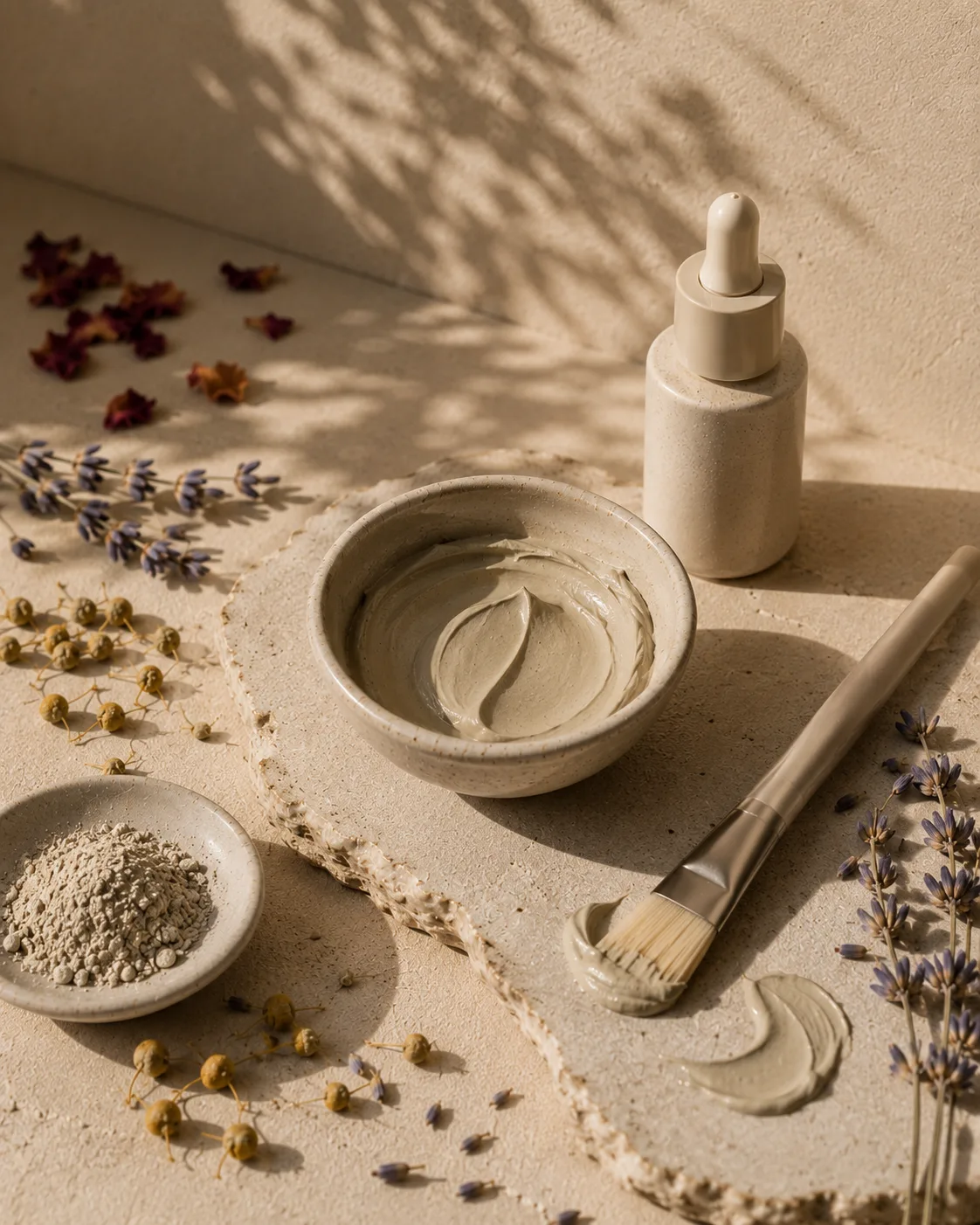 Ceramic jar and application brush surrounded by dried botanicals