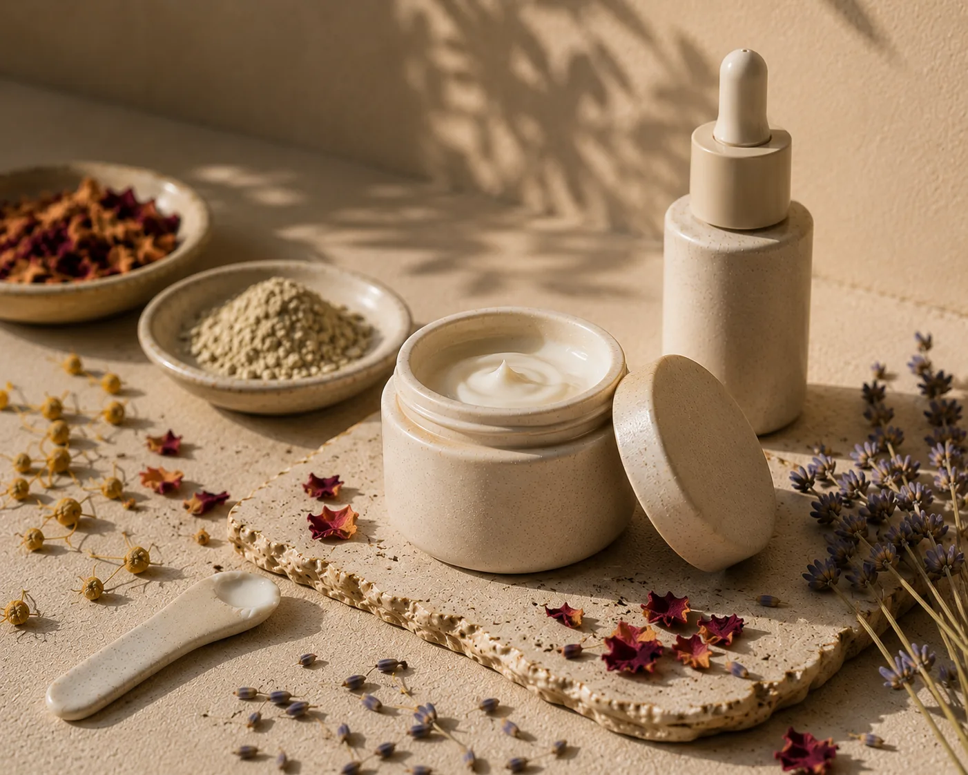 Open jar and dropper bottle with clay powder and dried lavender