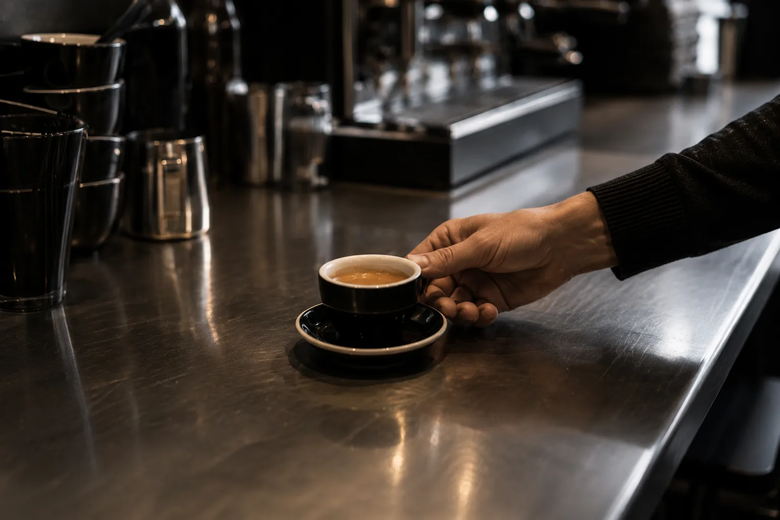 A hand setting an espresso down on the long steel service counter