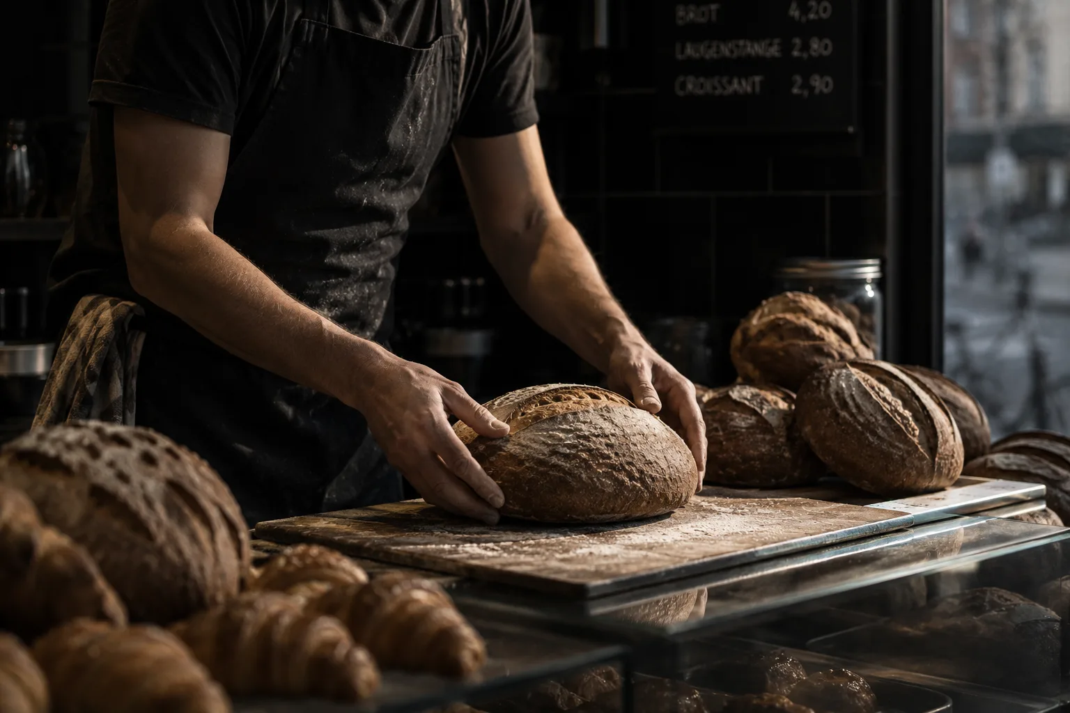 Baker’s hands moving sourdough loaves onto a rack at the back of the café