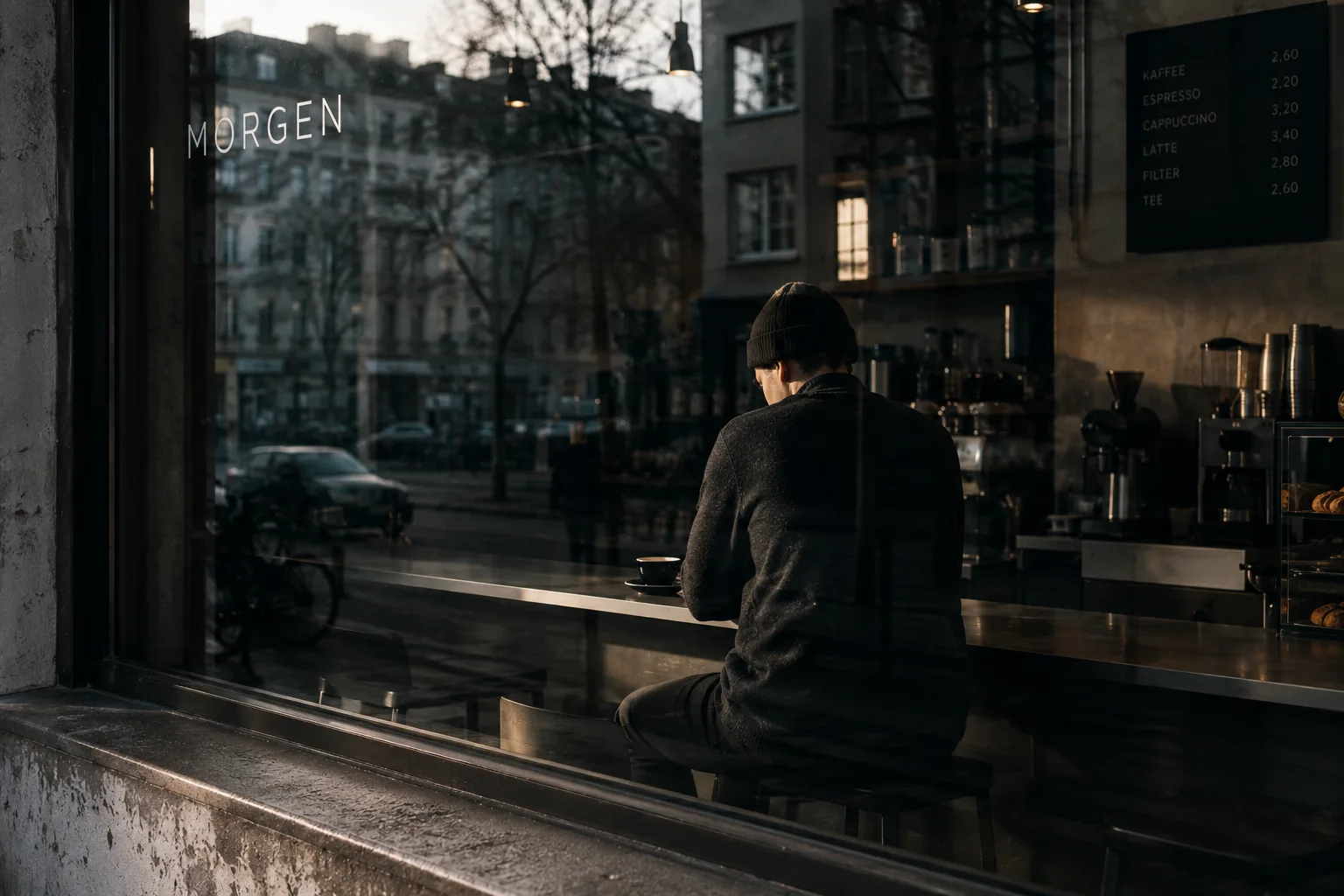 A lone customer at the window table seen from the street through glass