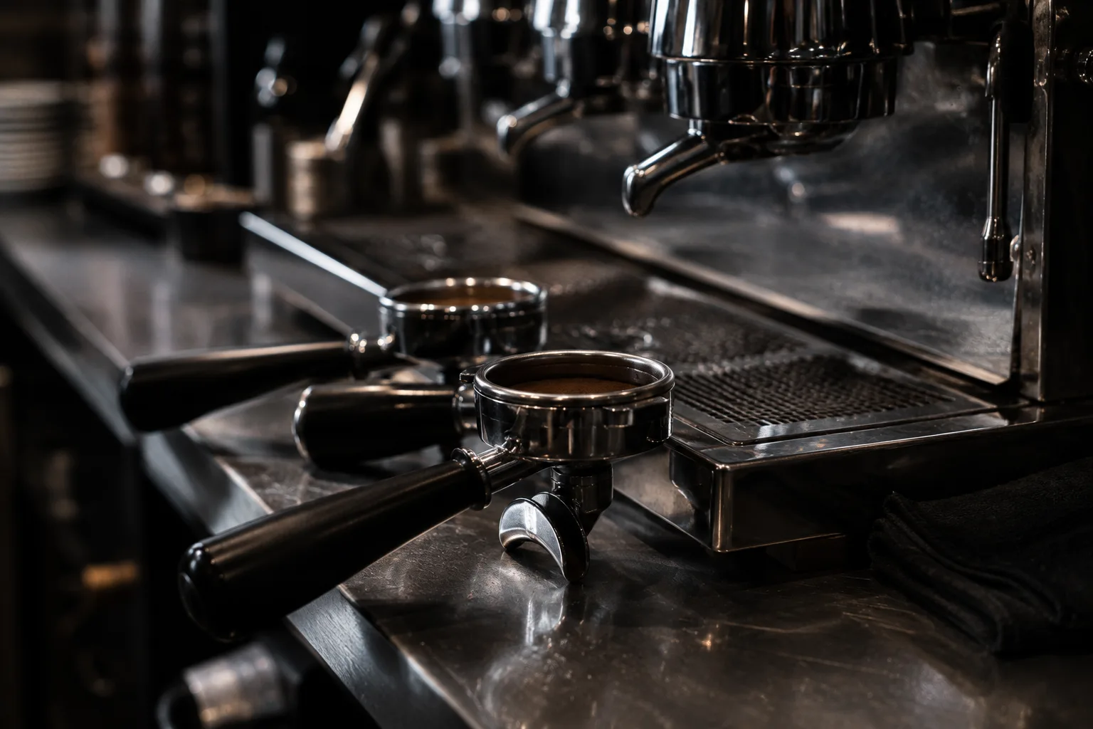 Close detail of steel portafilters and chrome espresso machine parts